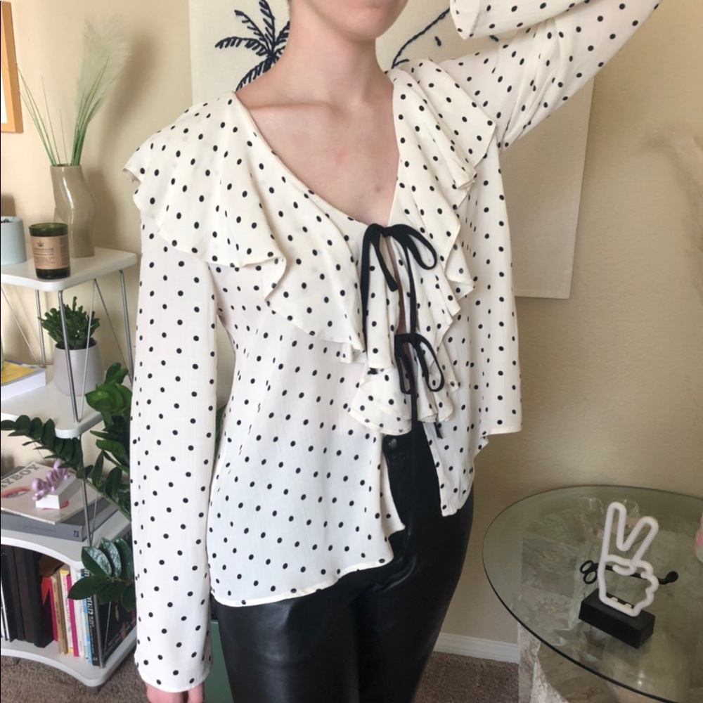 Topshop Polka Dot Tie Front Flowy Blouse Top US 6